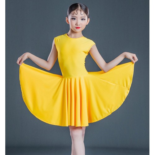 Girls kids pink red royal blue yellow competition latin dance dresses for children ballroom performance outfits for girls 